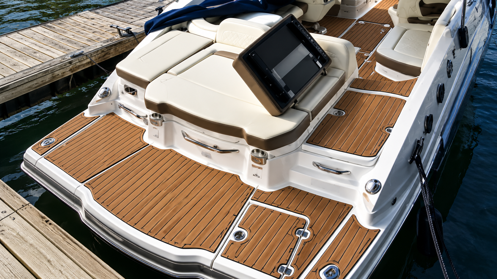 Luxury yacht stern deck with tan teak flooring, white seating, and a dockside view.