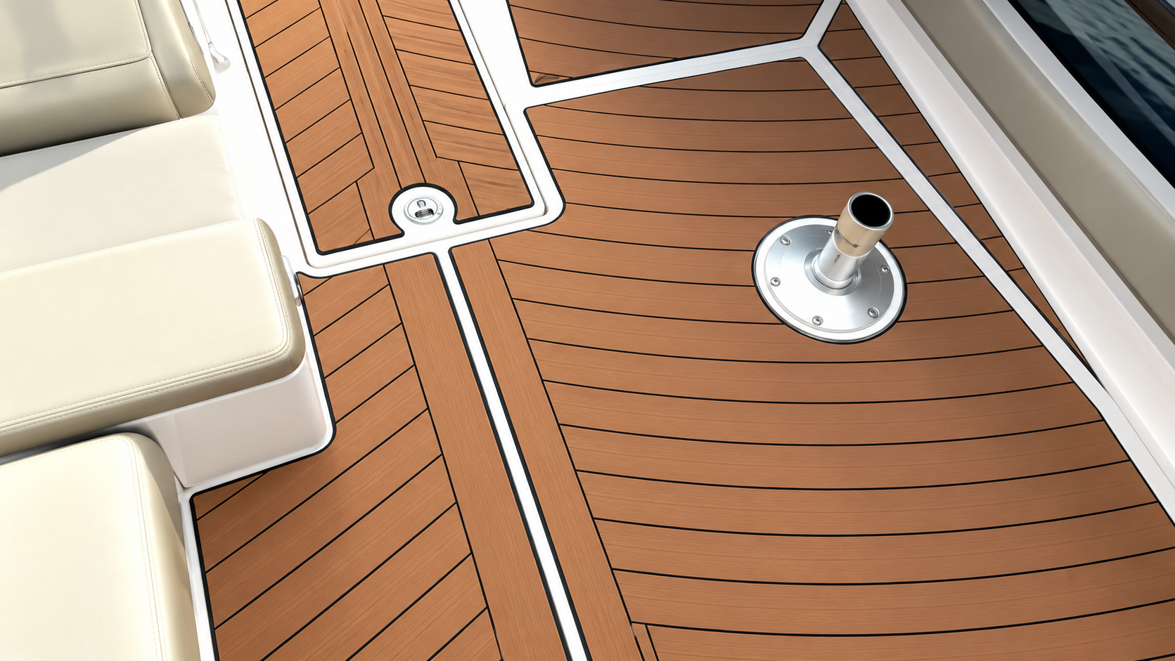 Boat deck with tan teak flooring, white seating, and a small stainless cup holder near the center