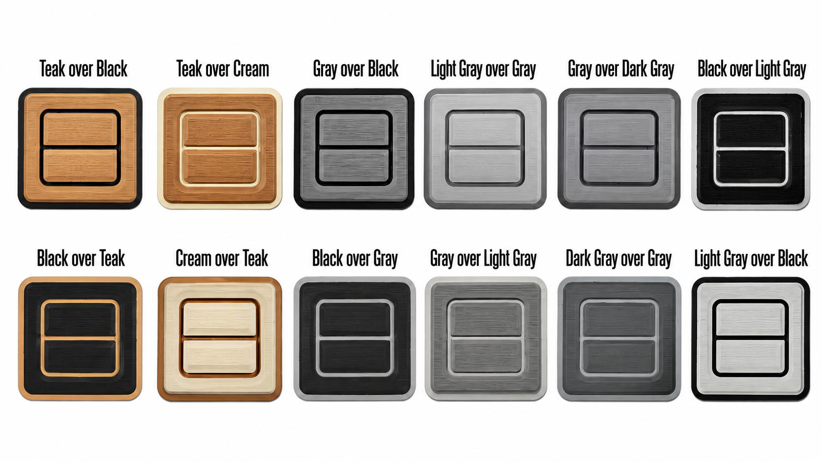 12 color and finish samples for a wooden cabinet or drawer, labeled with different wood tones and hardware styles