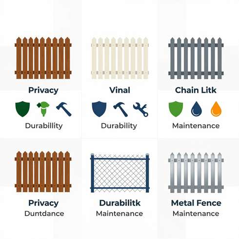 Comparison chart of wooden, vinyl, chain-link, and metal fences with privacy and maintenance labels