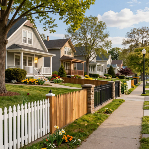 Suburban street with tidy houses, white and wooden fences, and a sunny sidewalk lined with trees.