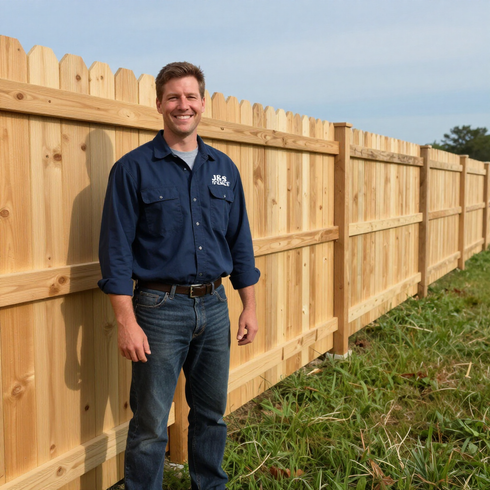 Man standing beside a new wooden privacy fence in a grassy yard, smiling at the camera.