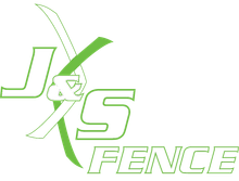 Green “JS Fence” logo with stylized crossing lines and large outlined letters on a white background