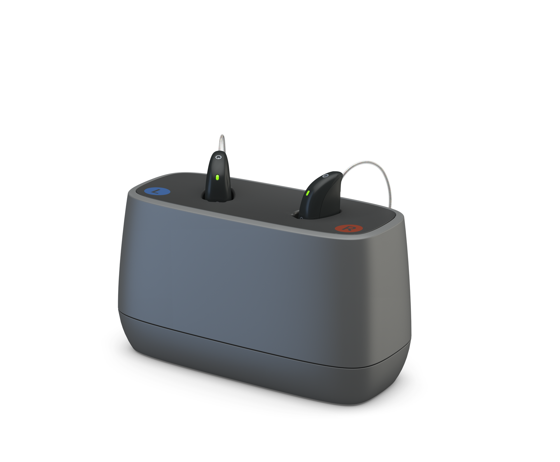 Hearing aids in a charging case, with blue and red indicators.