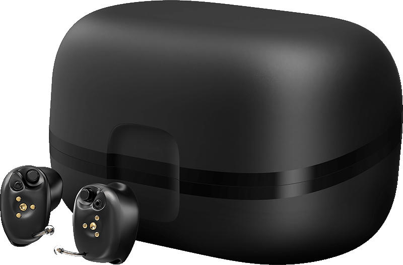 Black wireless earbuds charging case with two earbuds beside it