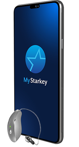 Smartphone displaying My Starkey app with a hearing aid beside it