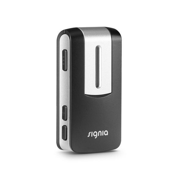 Black and silver Signia StreamLine Mic, a hearing aid accessory, with three buttons on the side.