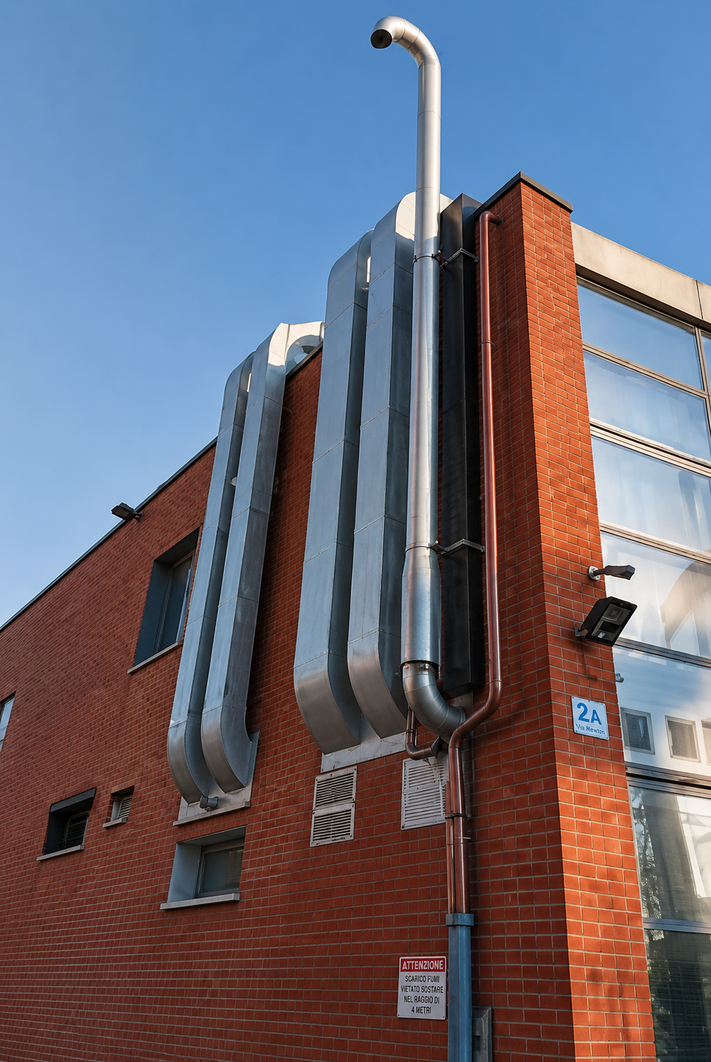 Edificio in mattoni rossi con grandi tubi e prese d'aria industriali argentate sulla parete esterna.