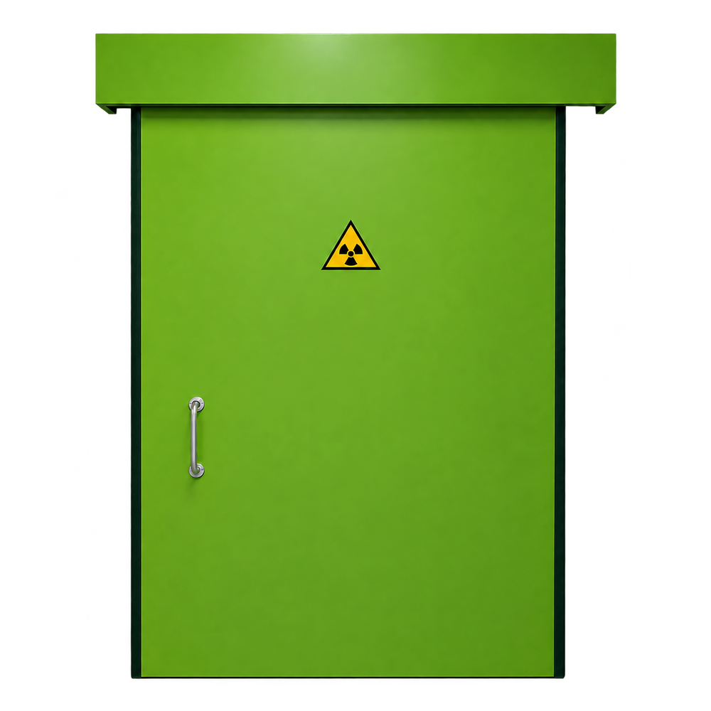Porta industriale verde con cartello giallo di avvertimento sulle radiazioni e maniglia in metallo.