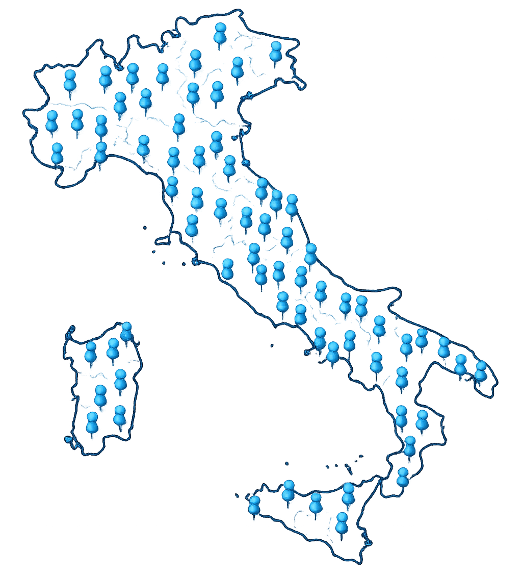Mappa dell'Italia con numerosi indicatori di posizione blu sulla terraferma e in Sicilia.