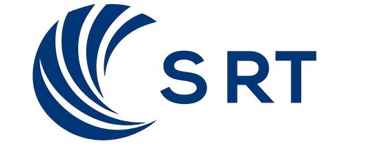 Logo SRT con onda stilizzata blu e lettere su sfondo bianco.
