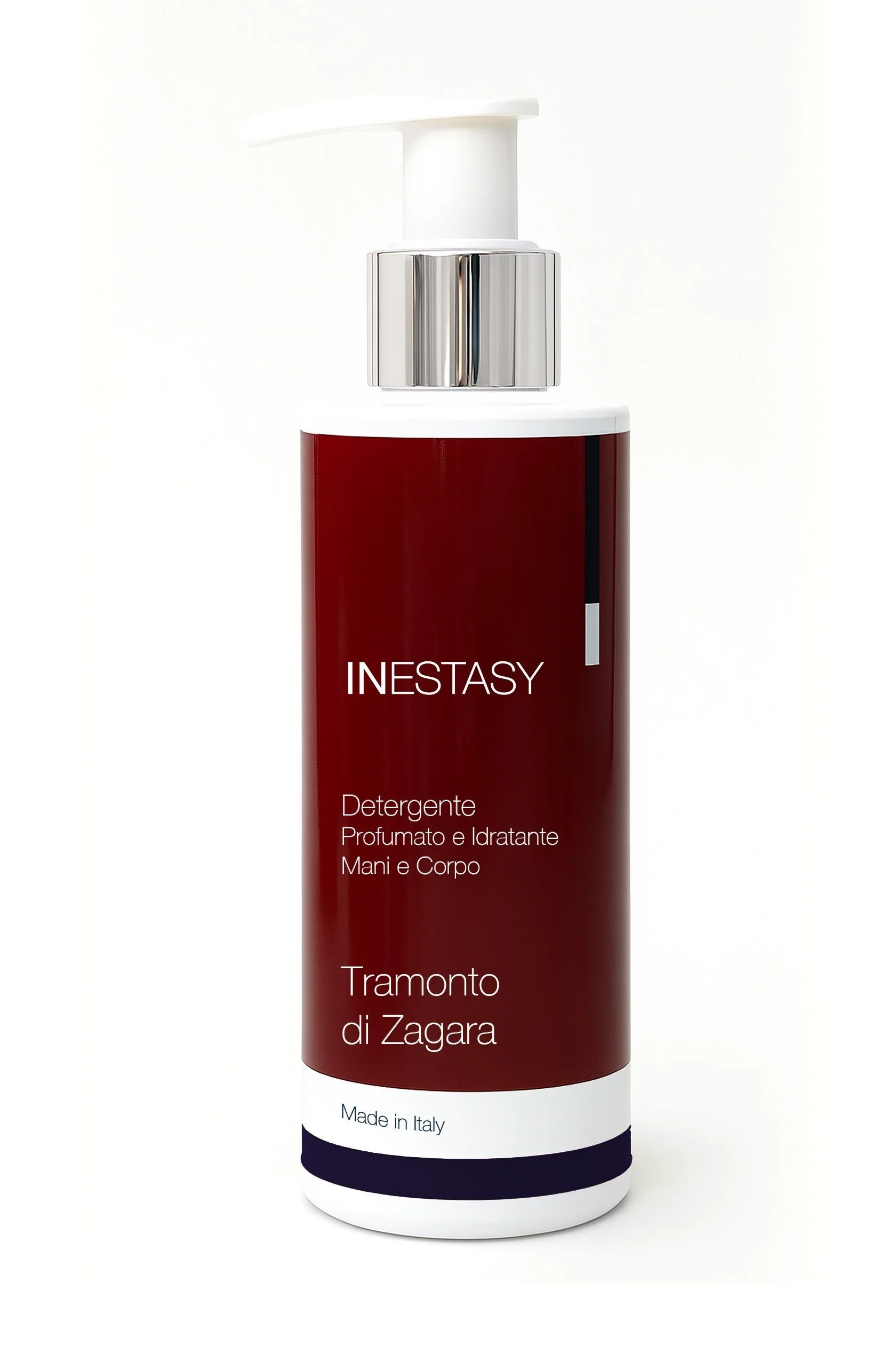 Una bottiglia di lozione inestasy con una pompa su uno sfondo bianco.