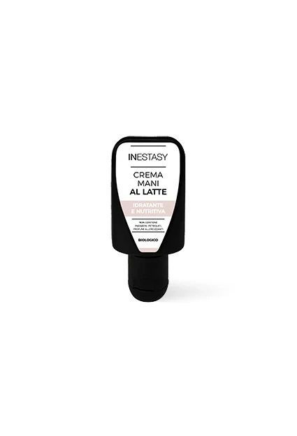 Una bottiglia di crema per le mani con un'etichetta bianca su uno sfondo bianco.