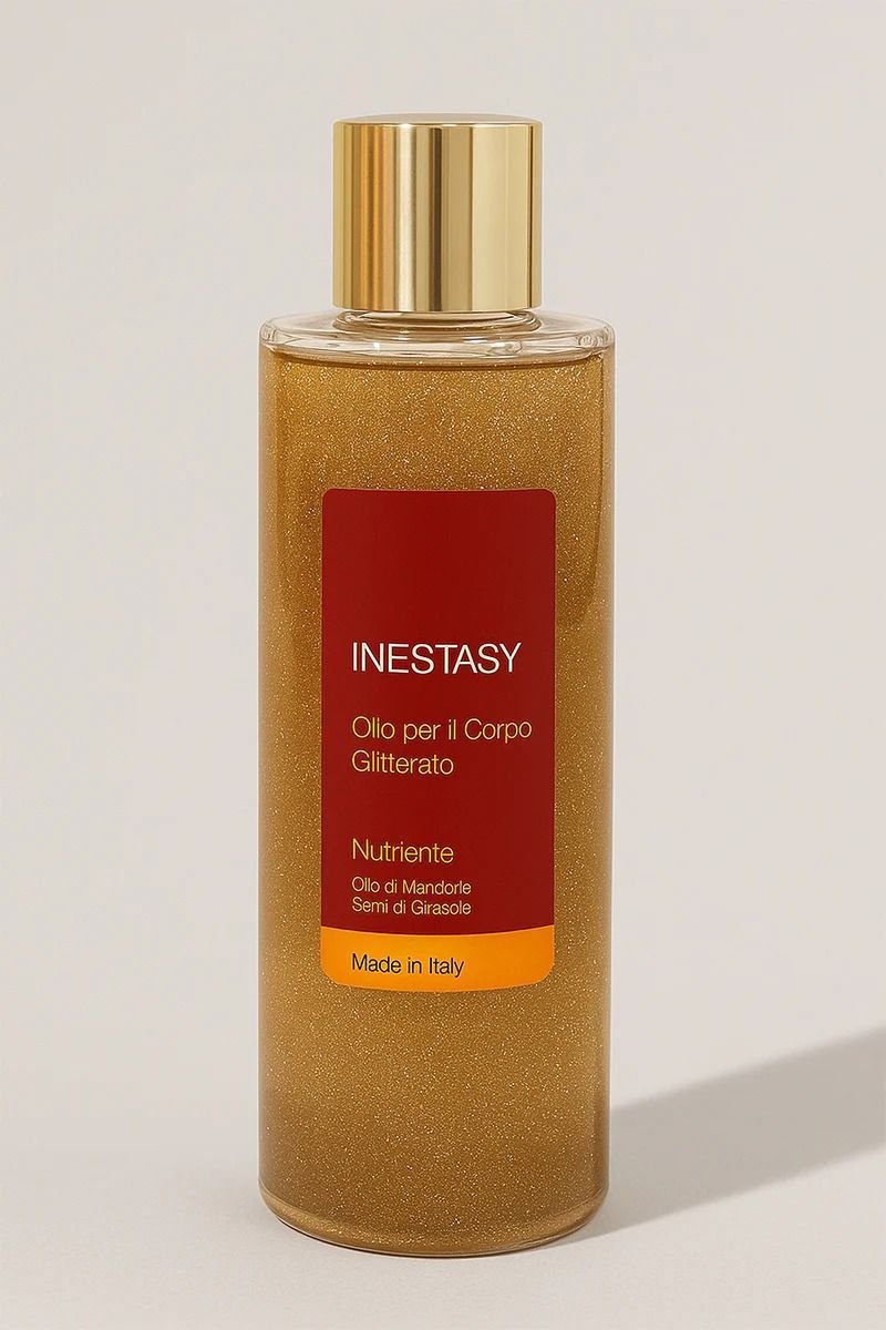 Una bottiglia di inestasy è appoggiata su una superficie bianca.