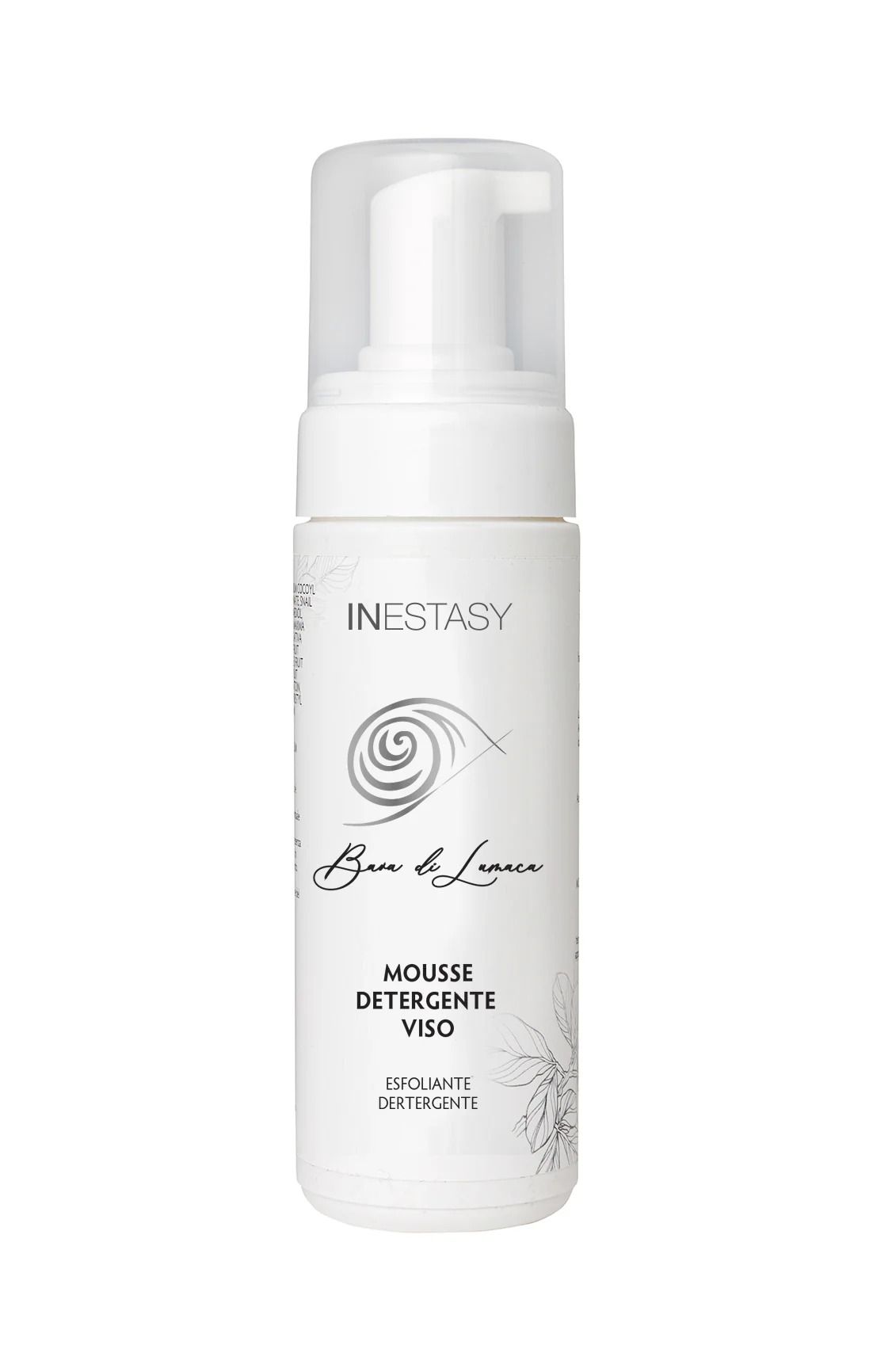 Una bottiglia bianca di mousse detergente viso su uno sfondo bianco.