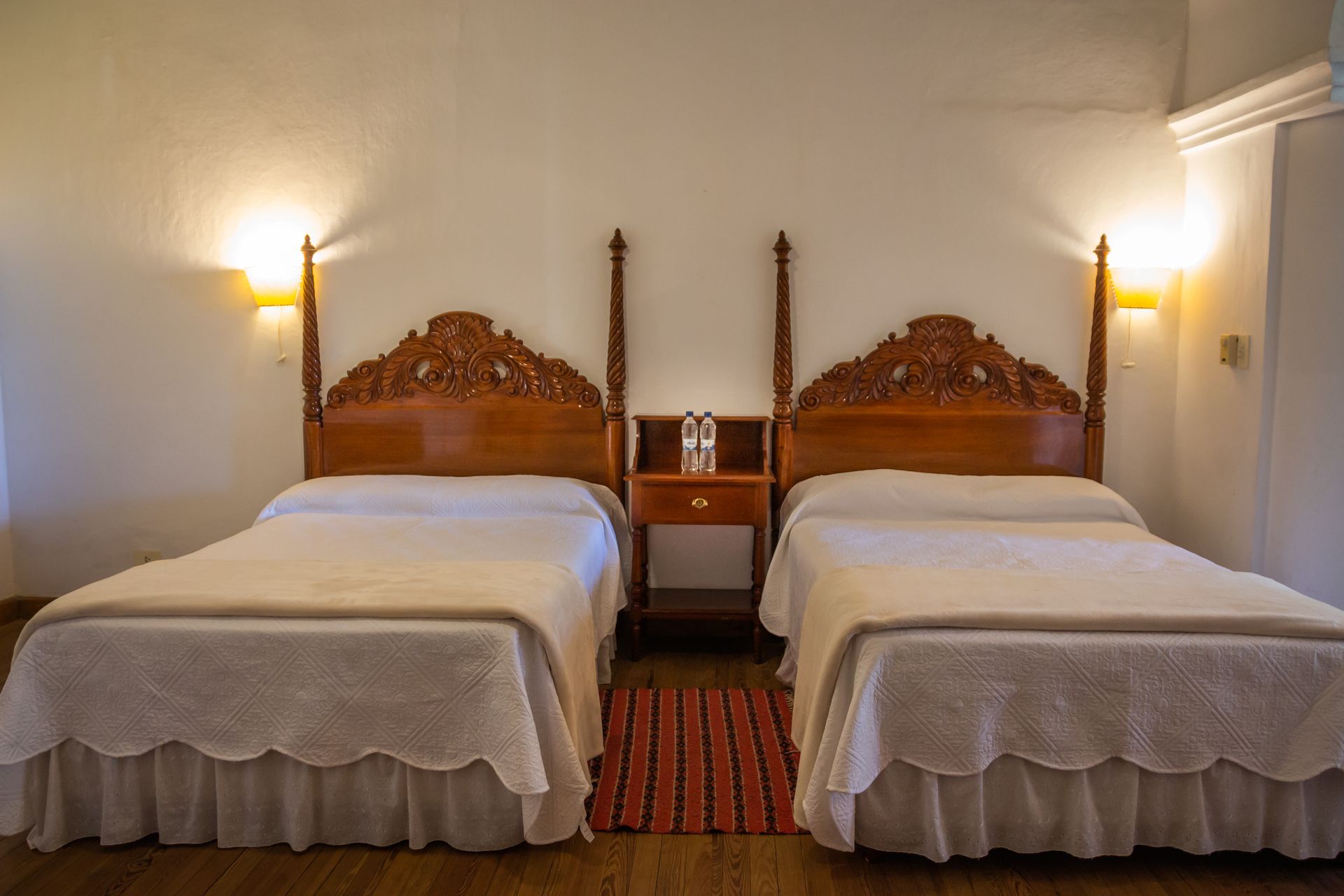 A bedroom with two beds and a rug on the floor.