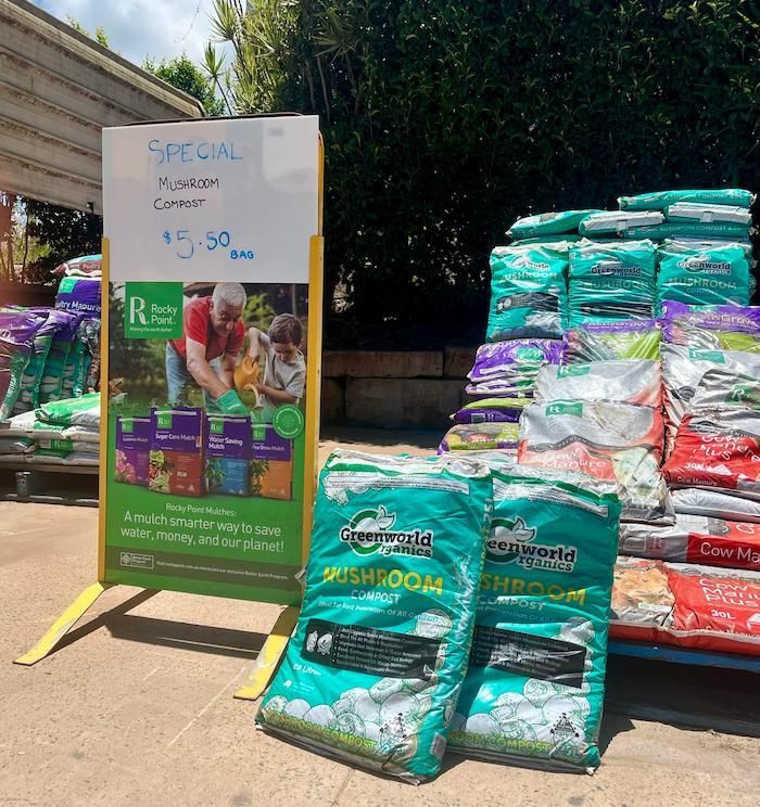 A Sign That Says Special Mushroom Compost on It — Highfields Landscape Supplies In Highfields, QLD