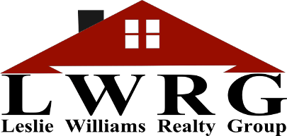 Logo for Leslie Williams Realty Group with red house roof and black lettering