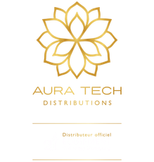 Logo doré : fleur au-dessus du texte « AURA TECH DISTRIBUTIONS » et « Distributeur officiel » sur fond blanc.