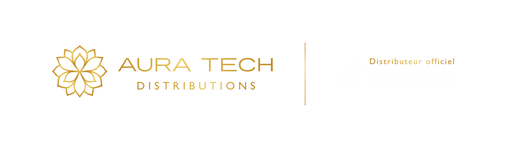Logo d'Aura Tech Distributions représentant un lotus doré et du texte sur fond blanc.