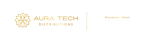 Logo d'Aura Tech Distributions représentant un lotus doré et du texte sur fond blanc.