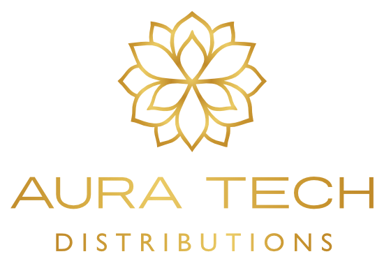 Logo doré : Fleur de lotus au-dessus de « Aura Tech Distributions » en police moderne, le tout sur fond blanc.