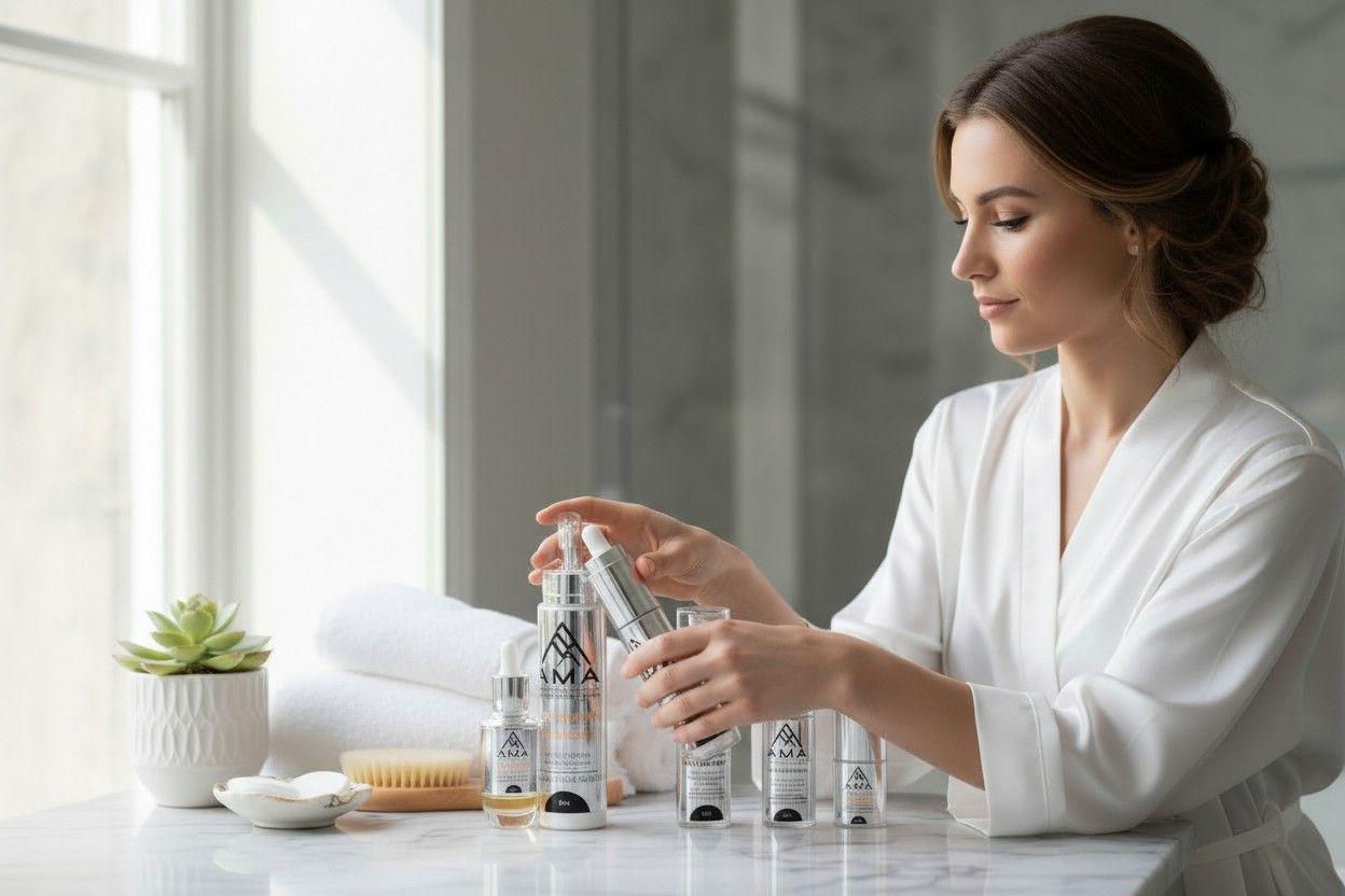 Woman in a white robe applying skincare serum at a bright bathroom vanity