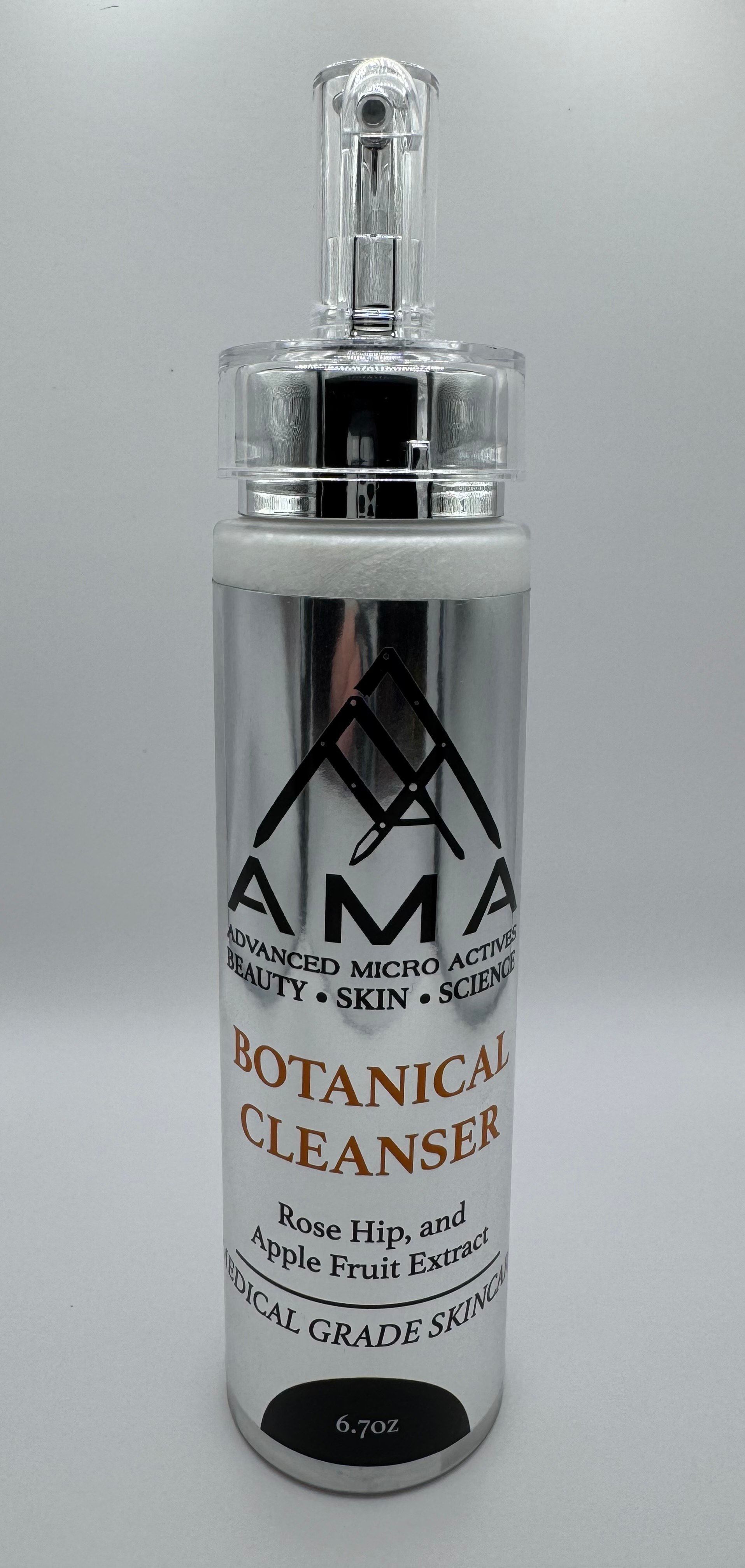 Silver bottle of AMA Botanical Cleanser with clear applicator top, against a white background.