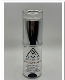 Synergy serum bottle with silver cap and white label featuring a logo, set against a white backdrop.