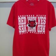 Red Arkansas State Red Wolves T-shirt with white graphic text and logo on the chest