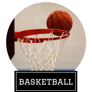 Basketball resting on a hoop with a black “BASKETBALL” label beneath it