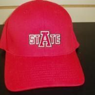 Red baseball cap with “STATE” logo on the front.