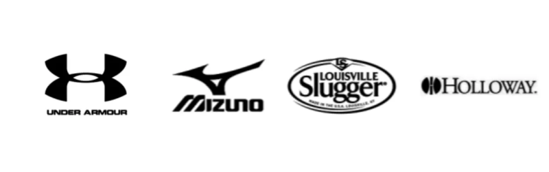 Black and white logos for Under Armour, Mizuno, Louisville Slugger, and Holloway on a white background