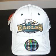 White baseball cap with embroidered Eagles logo and a holographic sticker on the brim