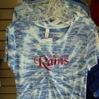 Blue-and-white tie-dye Rams T-shirt hanging on a hanger