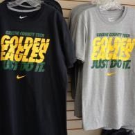 Two hanging T-shirts, one black and one gray, both with “Golden Eagles” sports lettering.