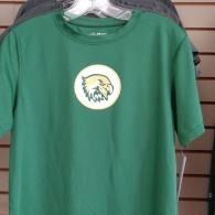 Green T-shirt on a hanger with a circular eagle logo on the chest