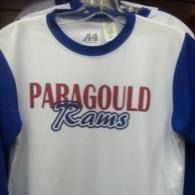 White and blue ringer T-shirt with “PARAGOULD Rams” printed on the front.