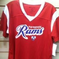 Red Paragould Rams jersey with white V-neck and blue-and-white team lettering