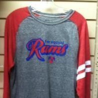 Gray and red long-sleeve shirt with “Rams” logo and white sleeve stripes hanging on display