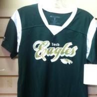 Dark green and white Tech Eagles V-neck T-shirt hanging on display.