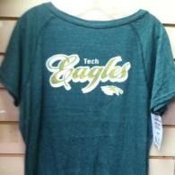 Teal Tech Eagles T-shirt hanging on display rack