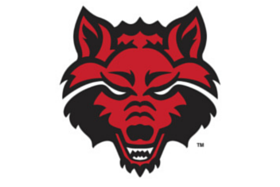 Red and black wolf head logo with bared teeth and fierce eyes on a white background