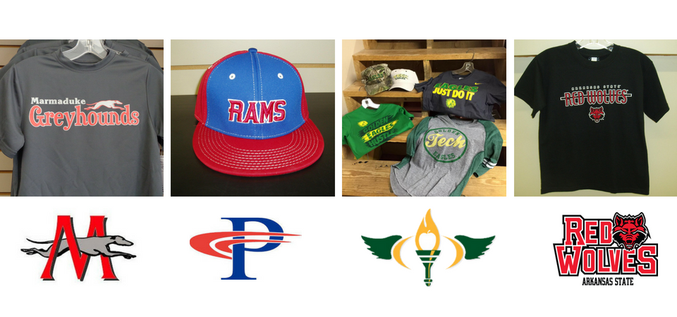Collage of four black T-shirts and two blue caps with sports team logos and text