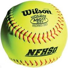 Yellow Wilson softball with red stitching and NFHS logo