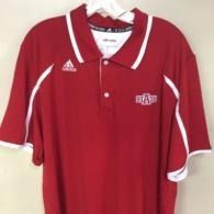 Red polo shirt with white trim and a small logo, hanging on a white hanger