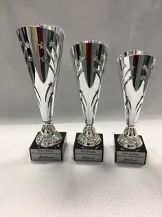 Three silver trophies on black bases, arranged by size on a gray surface.