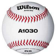 Wilson A1030 baseball with white leather and red stitching, logo and model number visible