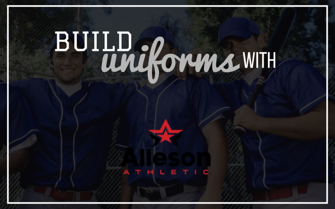 Three baseball players in blue uniforms with text: “Build uniforms with Alieson Athletic”