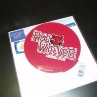 Red Wolves circular decal with red background on white packaging